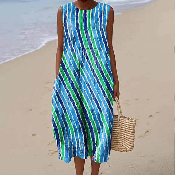 Women's Vintage Ripple Art Print Sleeveless Cotton Pocket Wrap Dress
