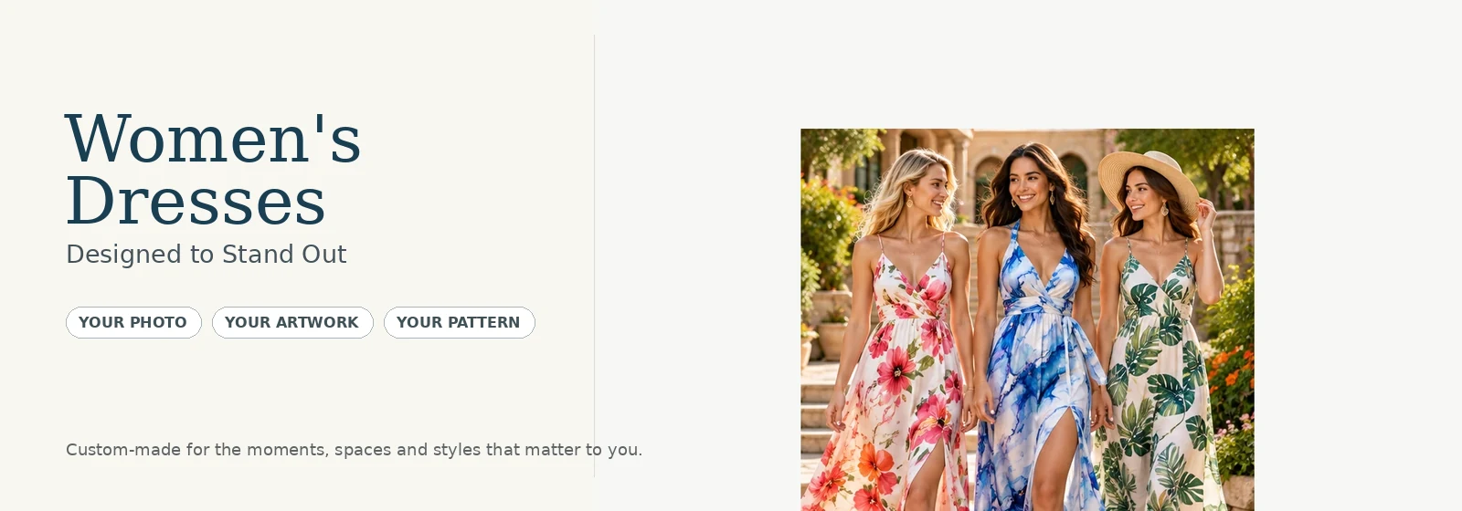 Custom women's dresses with colorful floral abstract and botanical prints