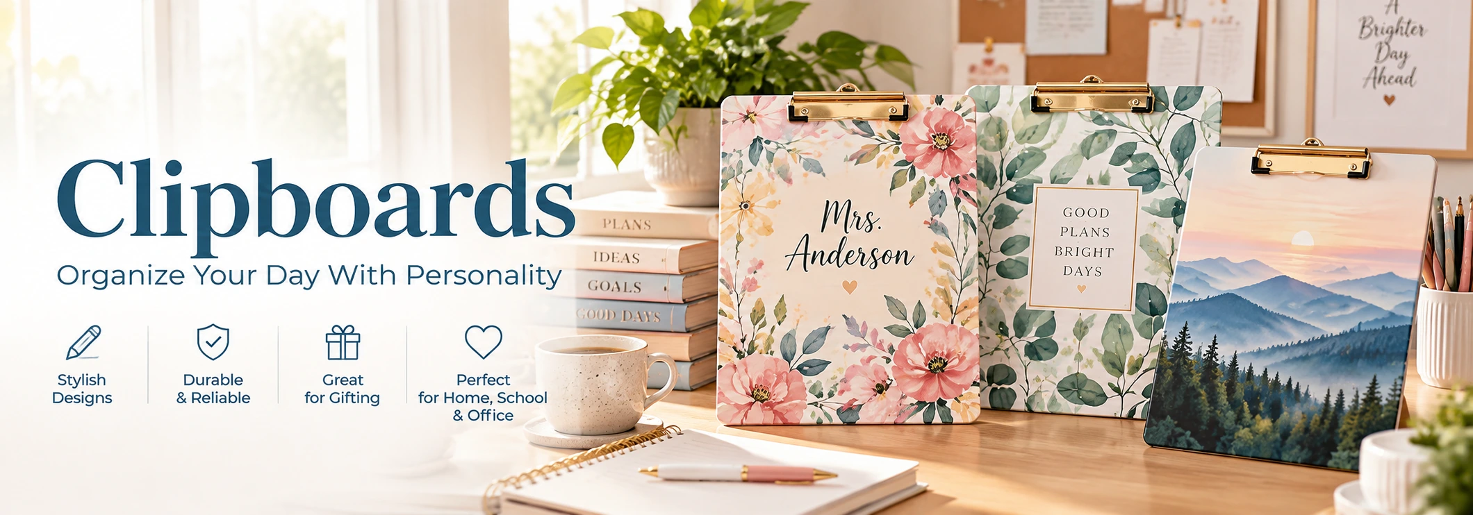 Personalized clipboards banner with floral and scenic clipboards styled on a bright desk