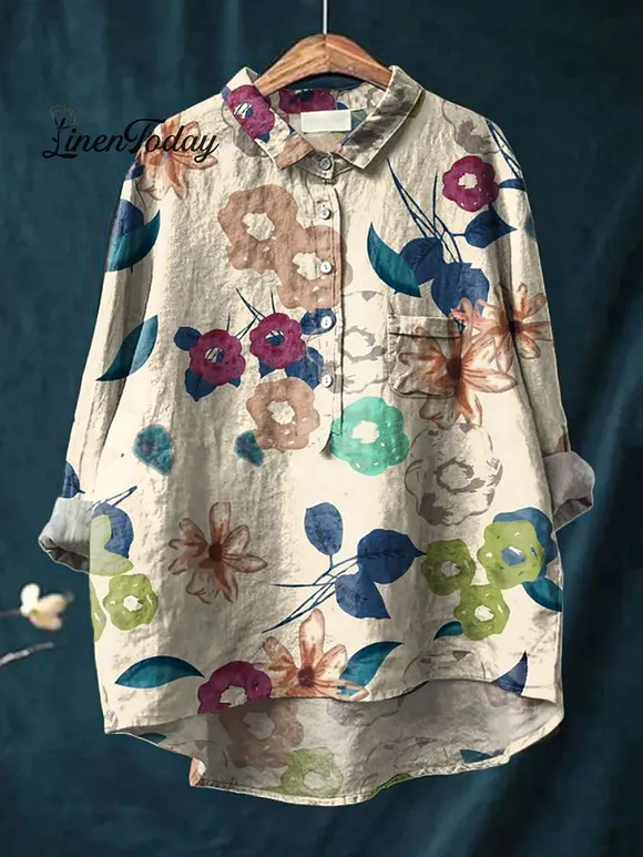 Women's Flower Print Casual Cotton And Linen Shirt