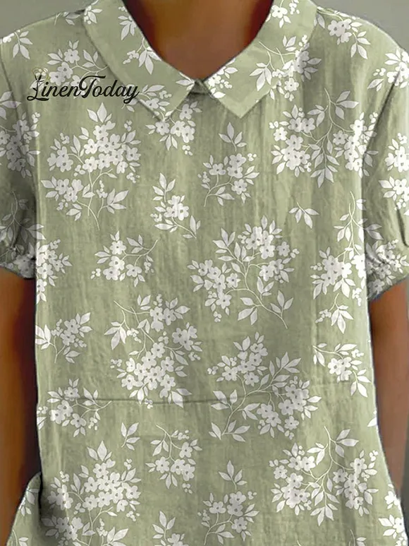 Spring Floral Silhouette Repeat Pattern Printed Women's Casual Cotton And Linen Shirt