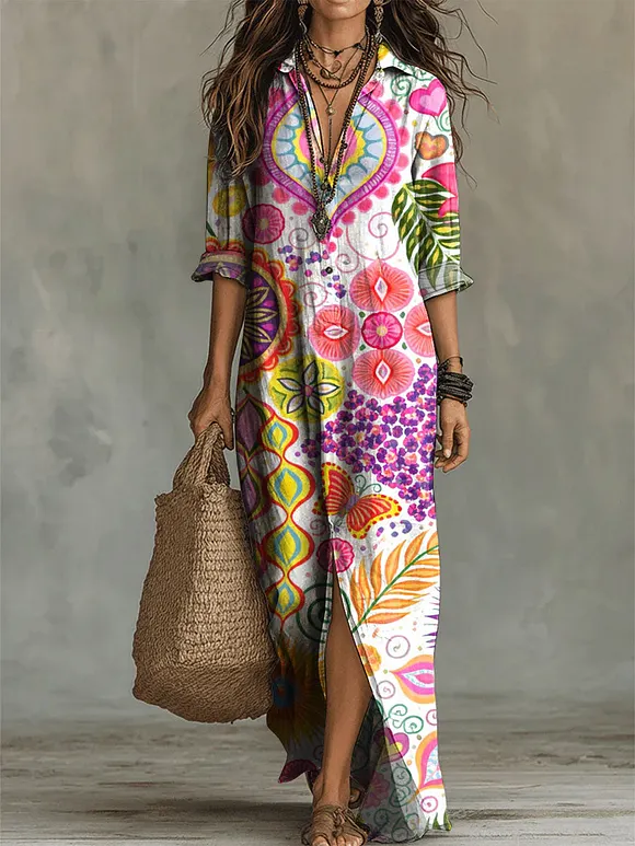 Women's Flower Print Casual Solid-color Linen-cotton Dress
