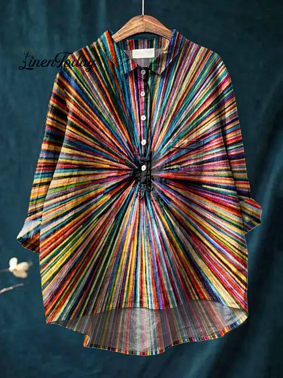 Women's Vintage Rainbow Colored Lines Embroidery Print Casual Cotton And Linen Shirt