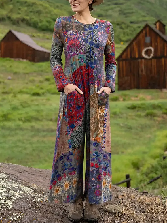 Women's Boho Natural Floral Print Stretch Jumpsuit