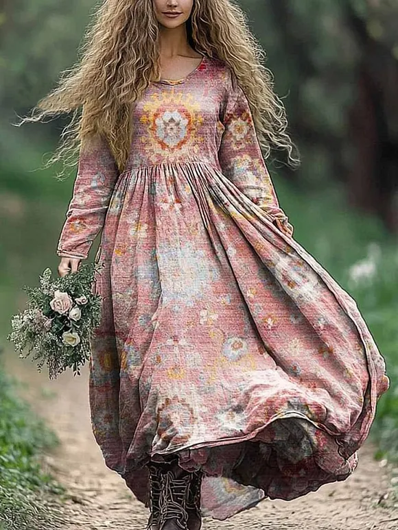 Women's Vintage Bohemian Folk Floral Print Crew Neck Cotton Pocket Dress