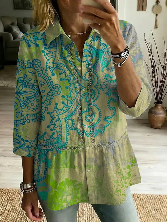Women's Retro Floral Art Print Casual Lapel Cotton Shirt