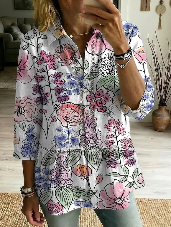 Casual Cotton-linen Shirt With Floral Art Patterns, Splicing, And Openwork Webbing Trim