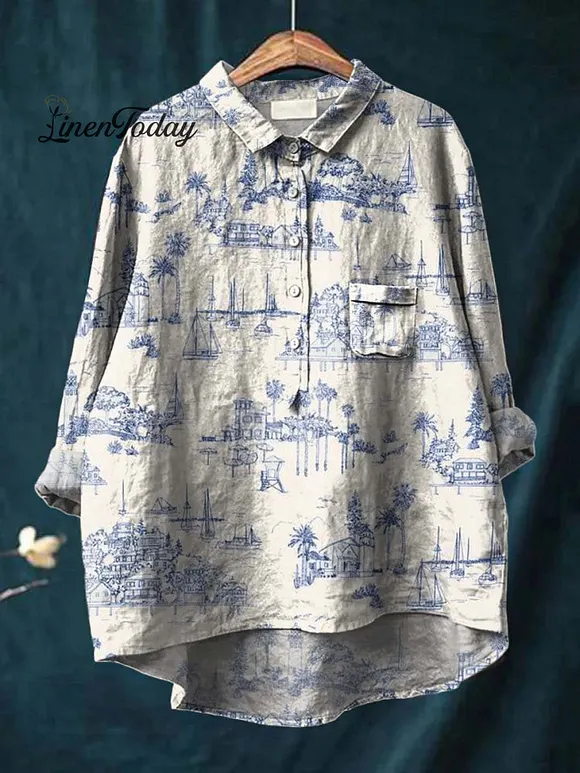 Women's Blue Simple Drawing Landscape Print Casual Cotton And Linen Shirt