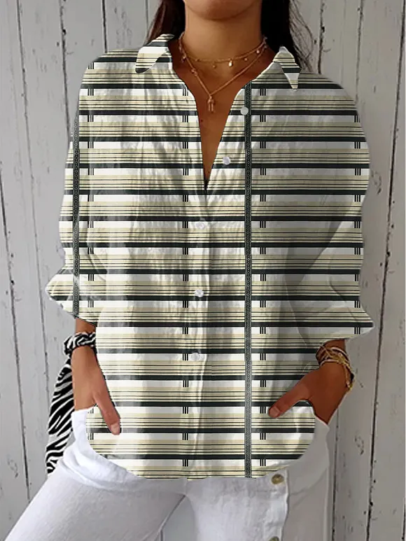 Women's Vintage Floral Stripe Art Print Casual Linen V-neck Shirt
