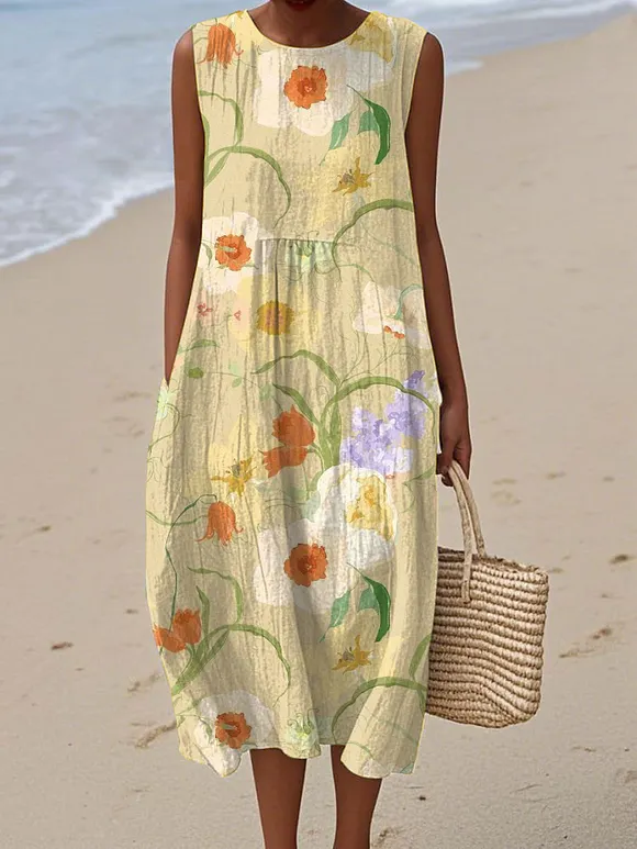 Women's  Vintage Floral Art Print Sleeveless Cotton Pocket Wrap Dress