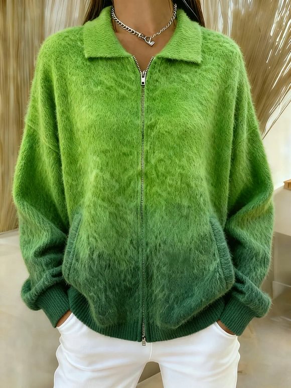 Women's Comfortable Gradient Color Zipper Cardigan Sweater