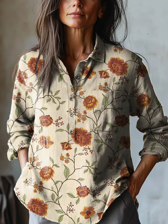 Women's Vintage Lovely Flowers Art Print Casual Cotton And Linen Shirt