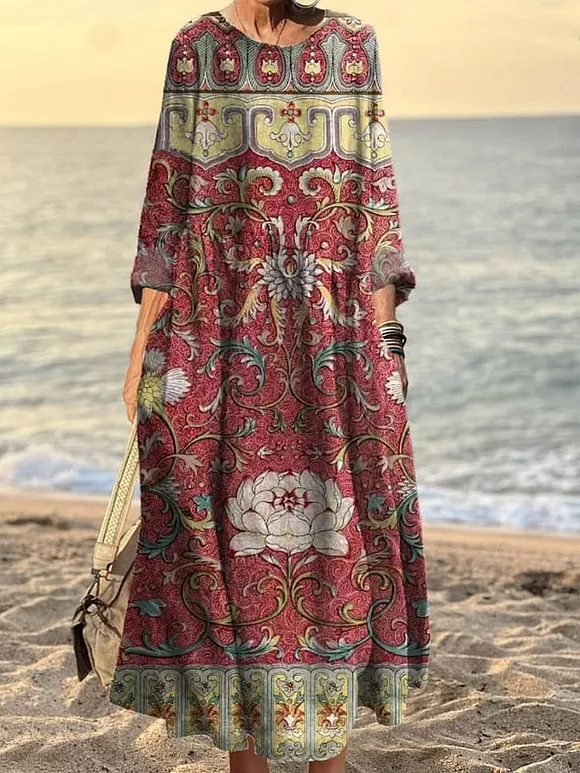 Women's Vintage Floral Artwork Print Cotton Pocket Dress