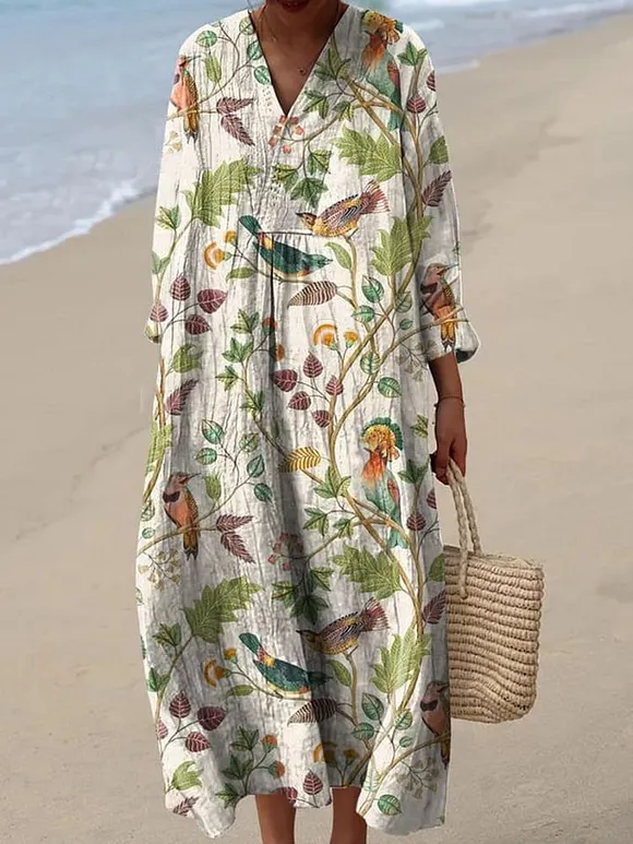 Women's Lovely Floral & Birds Art Print Flowy Dress