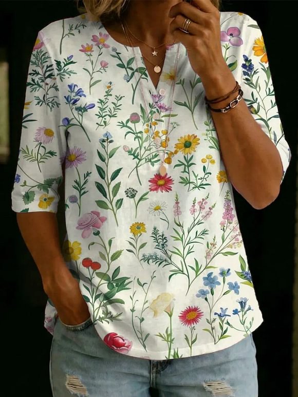 Women's Floral Pattern Art Print Casual Cotton Shirt