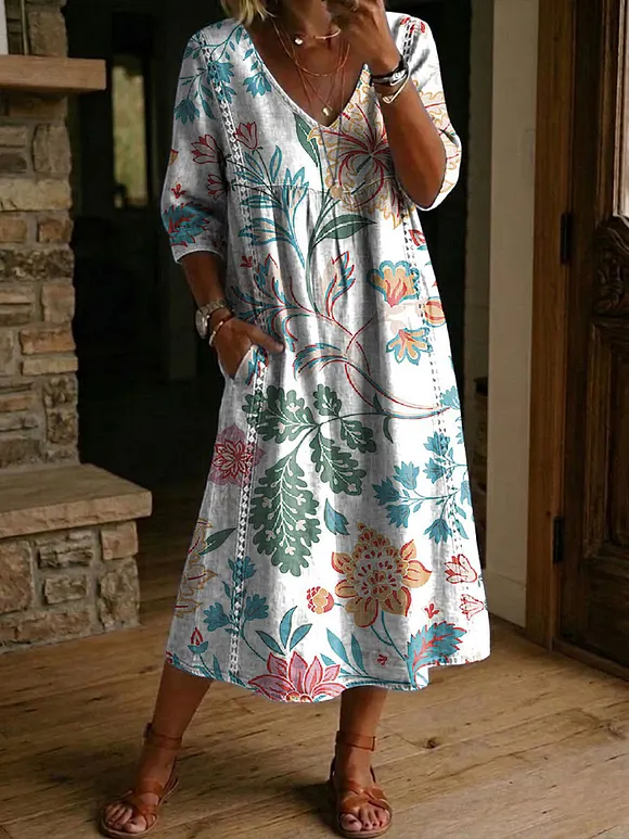 Women's Flower Print Casual Loose-fit Cotton-linen Dress With Lace Trim And Paneling