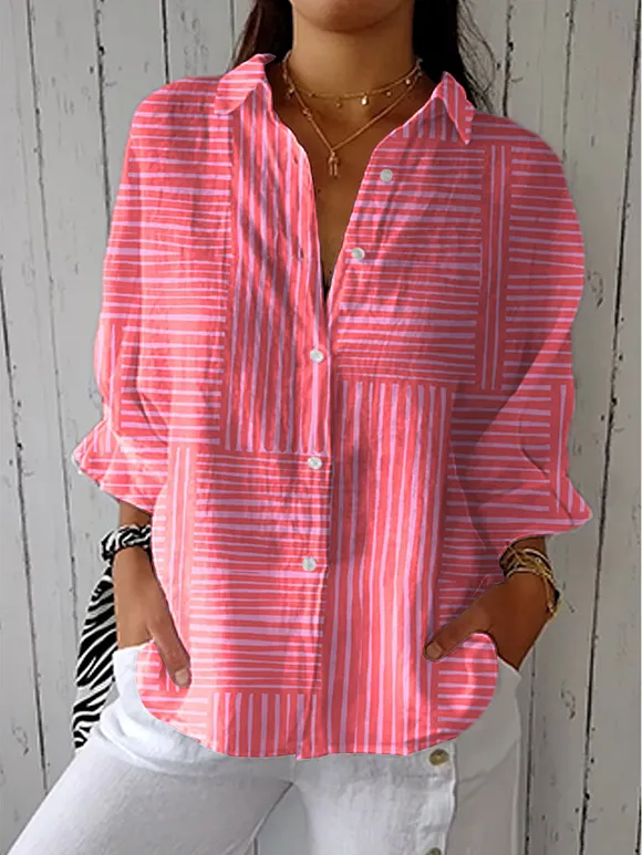 Women's Vintage Colorblock Striped Art Print Casual Linen V-neck Shirt