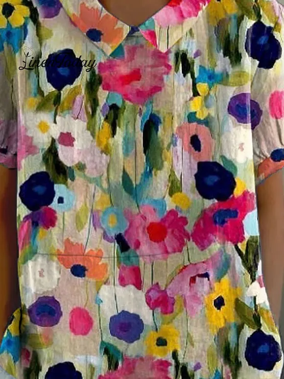 Women's Vintage Floral Art Print Casual Cotton And Linen Shirt