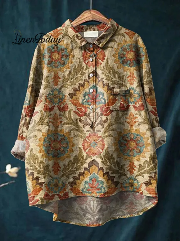 Women's Vintage Ethnic Floral Art Print Casual Cotton And Linen Shirt