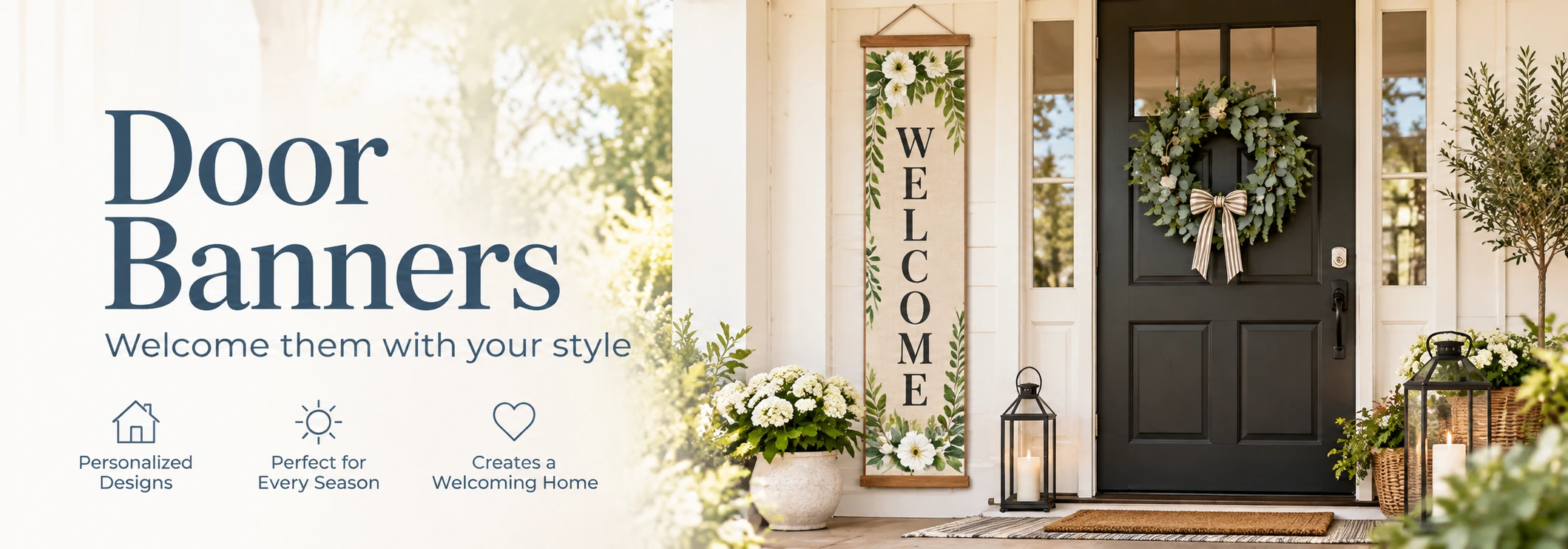 Personalized door banners banner with a floral welcome sign styled on a bright farmhouse porch