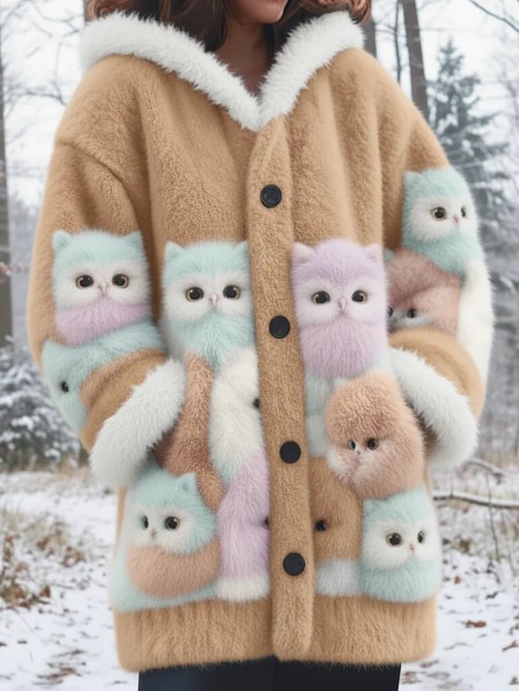 Winter Forest Smart Owl Mink Fleece Button Coat