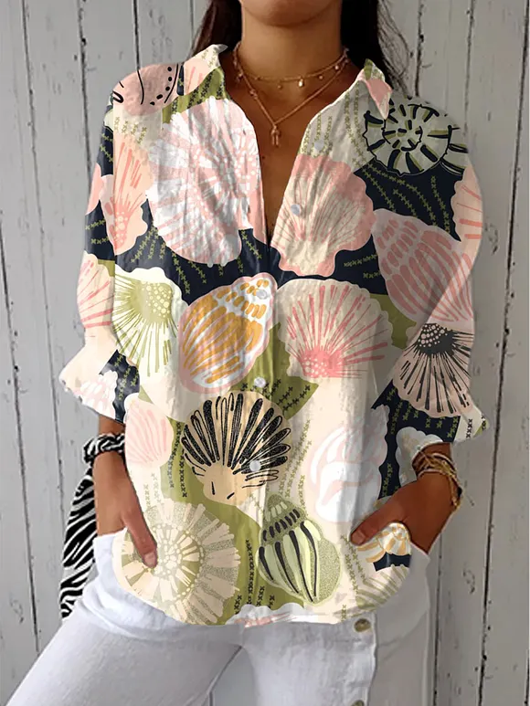 Women's Vintage Shell Art Print Casual Linen V-neck Shirt