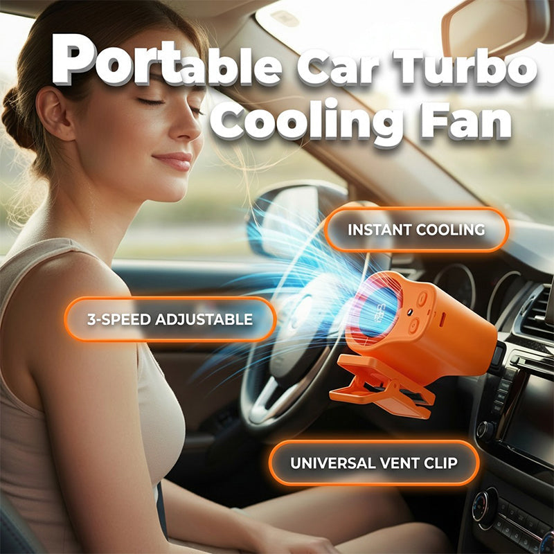 Orange portable turbo fan clipped to a car air vent