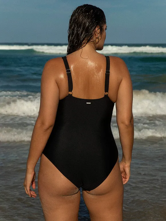 Black Sheer V-Neck Plus Size One-Piece Swimsuit