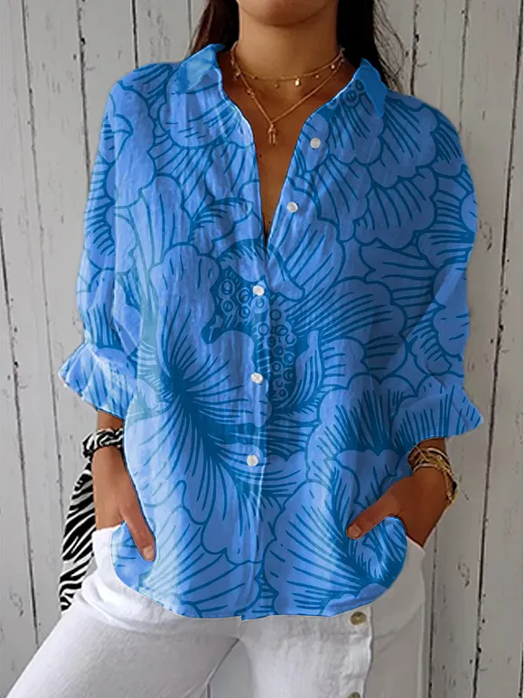 Women's Vintage Floral Art Print Casual Linen V-neck Shirt