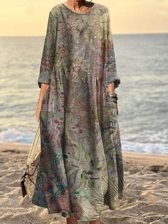 Women's Retro Floral Artwork Print Cotton Pocket Dress