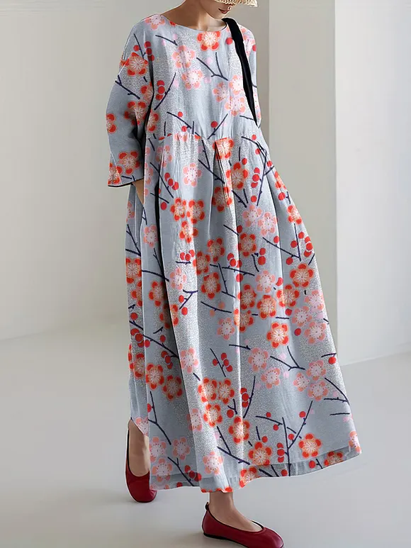 Cherry Blossom Print Round Neck Long Sleeve Casual Midi Dress