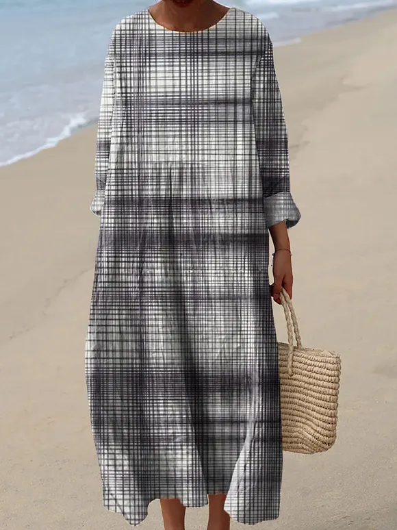 Women's Vintage Plaid Abstract Art Print Casual Dress