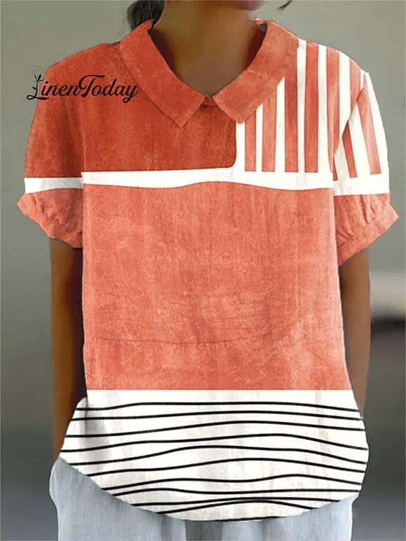 Women's Abstract Geometric Art Print Casual Cotton And Linen Shirt