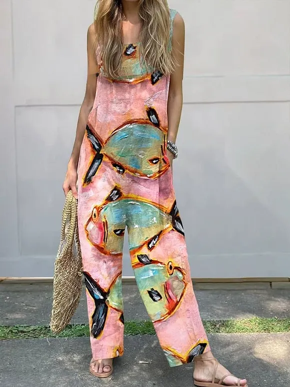 Women's Vintage Fish Art Print Casual 100% Cotton Wide Leg Jumpsuit