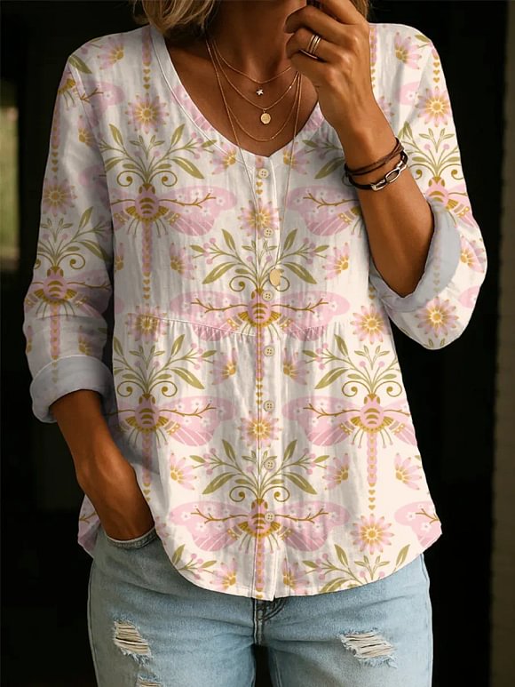 Women's Floral Dragonfly Pattern Art Print Casual Cotton Shirt