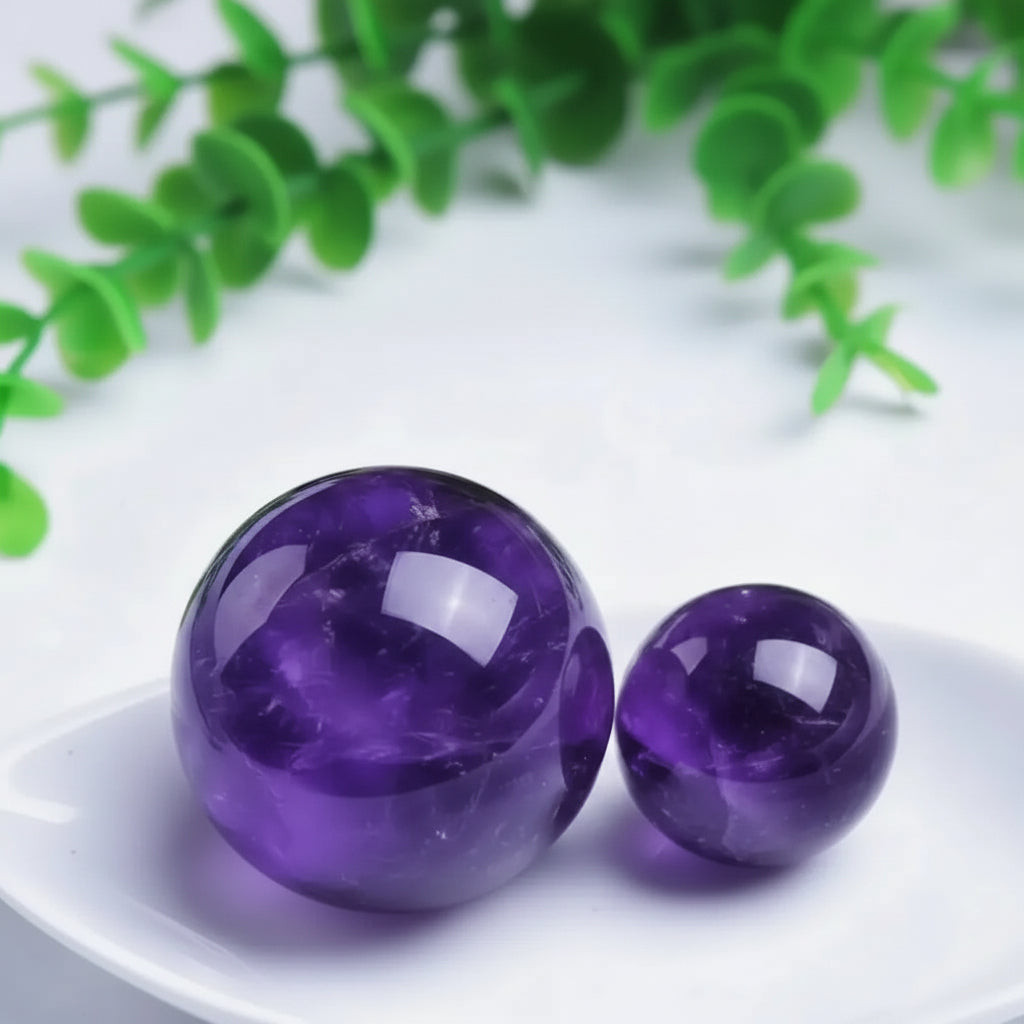 Amethyst sphere natural inclusions and internal patterns