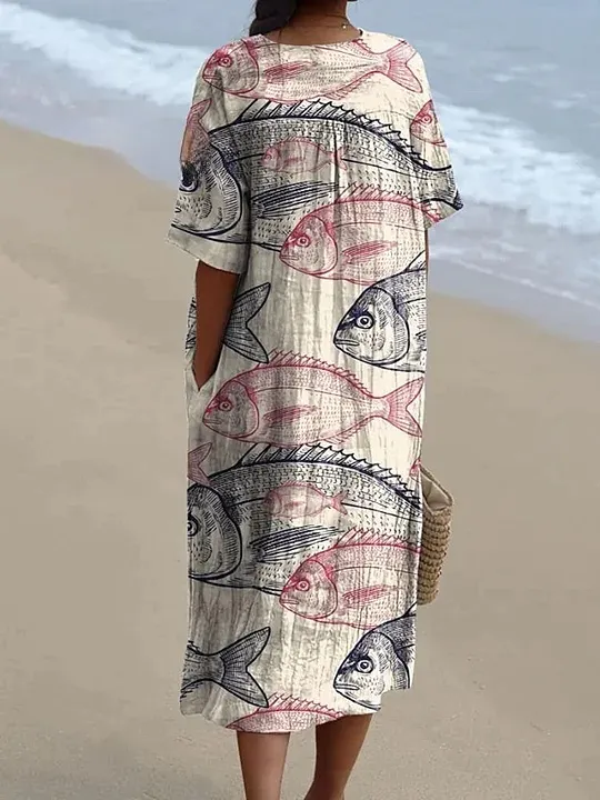 Women's Vintage Lovely Fish Art Print Flowy Dress