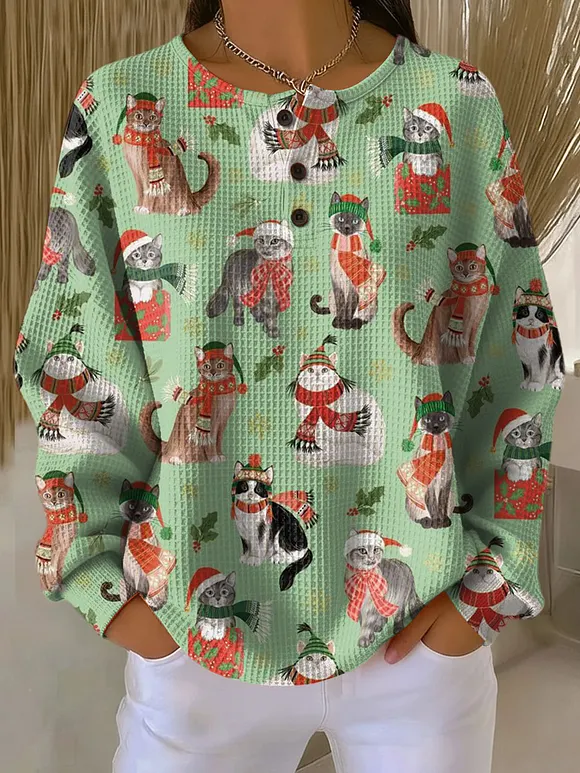 Women's Christmas Cute Animal Cat Pattern Art Print Casual Cotton Shirt