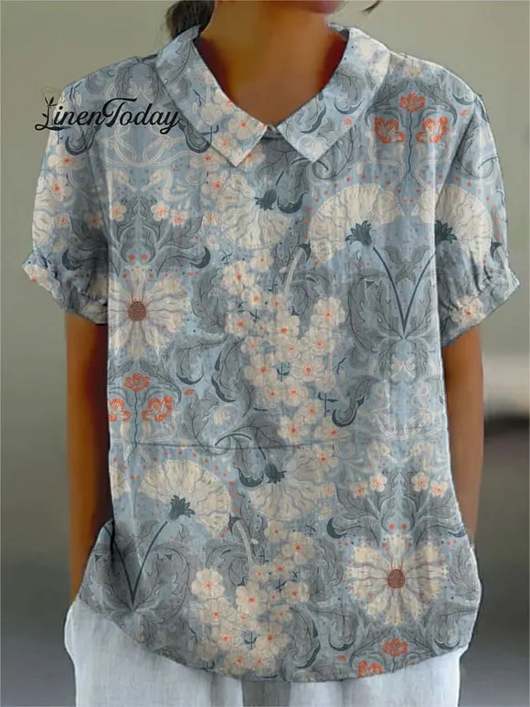 Women's Vintage Flower Print Casual Cotton And Linen Shirt