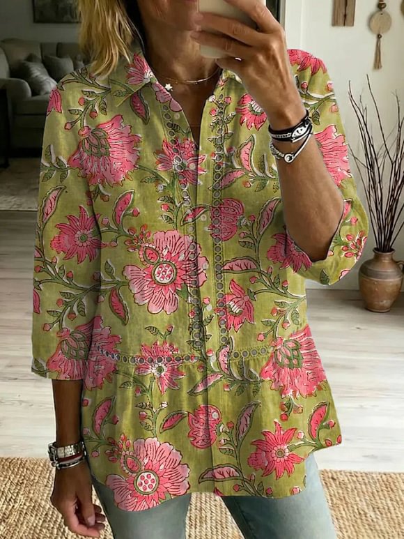 Women's Retro Floral Art Print Casual Lapel Cotton Shirt