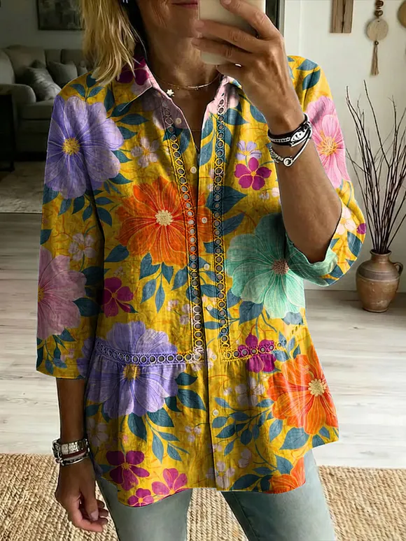 Floral Flowers Art Patterns Casual Patchwork Openwork Webbing Linen And Cotton Shirt