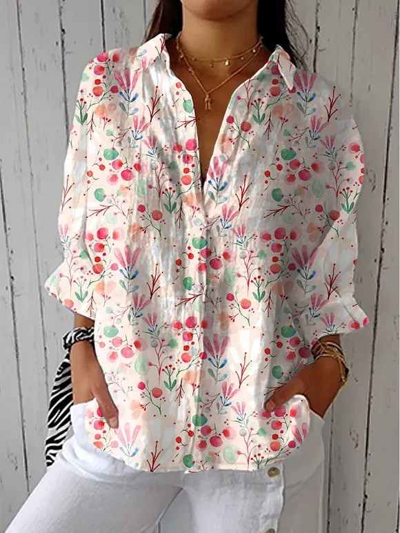 Women's Vintage Floral Art Print Casual Linen V-neck Shirt