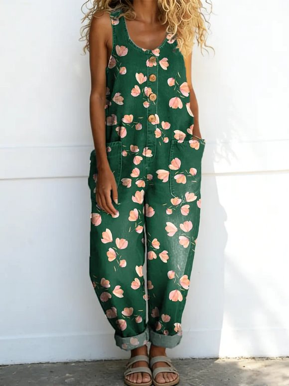 Women's Vintage Floral Pattern Art Print Casual Cotton Denim Jumpsuit