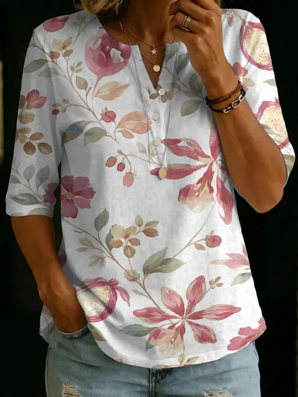 Elegant Floral Decorative Patterns Women's Casual Cotton Shirt