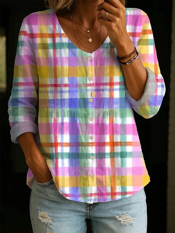 Women's Plaid Pattern Art Print Casual Cotton Shirt