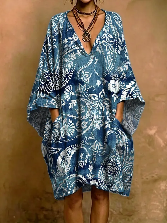 Gradient Retro Paisley Decorative Pattern Woman‘s Short Sleeve Cotton Linen Dress