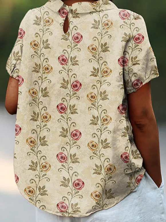 Women's Floral  Print Casual Cotton And Linen Shirt