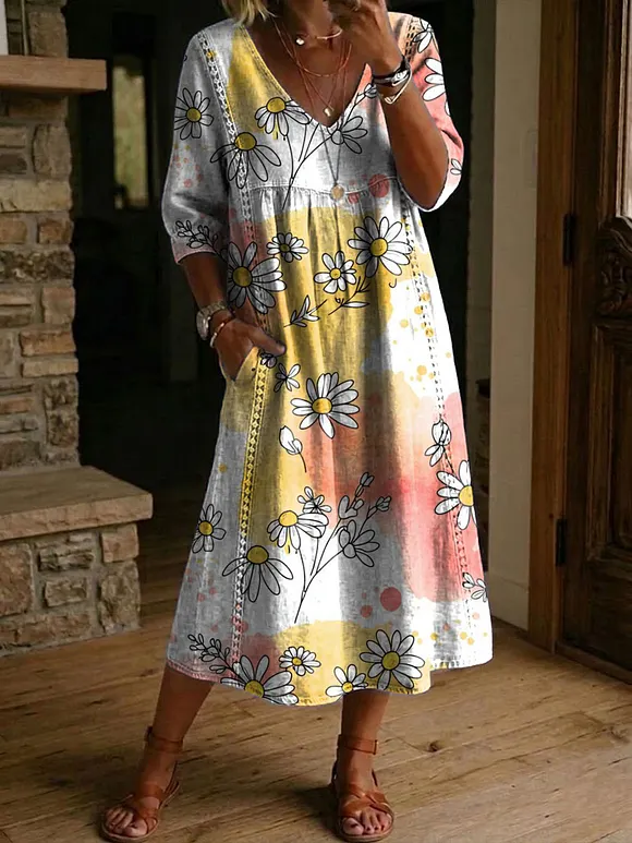 Women's Flower Print Casual Loose-fit Cotton-linen Dress With Lace Trim And Paneling