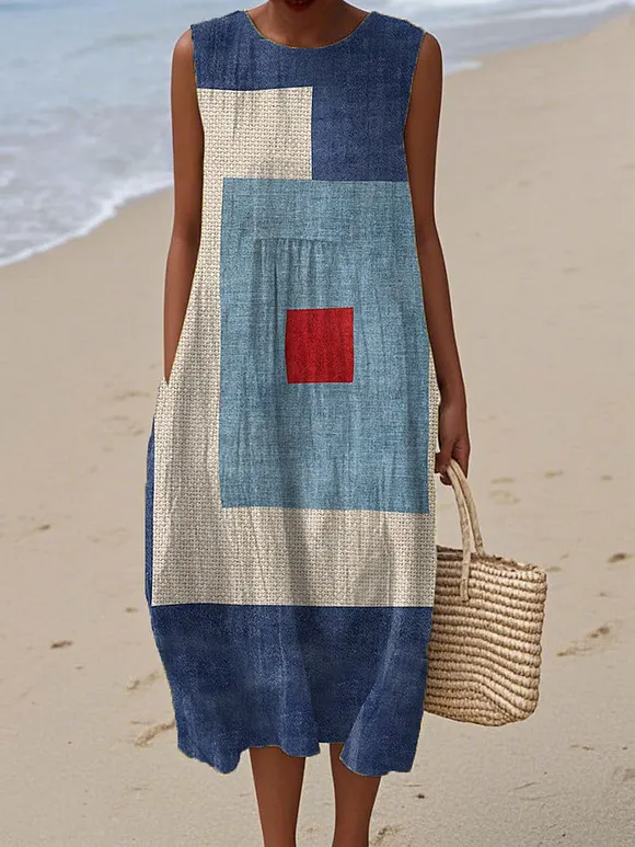 Women's  Vintage Abstract Geometric Art Print Sleeveless Cotton Pocket Wrap Dress