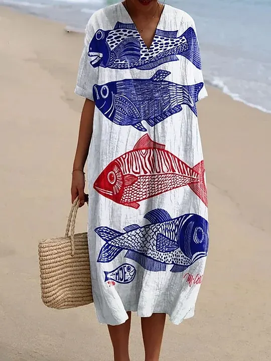 Women's Vintage Fish Art Print Flowy Dress